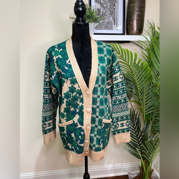 ZARA Courtyard Green Patchwork Green Tan Oversized Cardigan Small - Picture 5 of 15